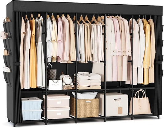 Portable Closet Storage, Portable Wardrobe Closet Organizer Clothes Rack wtih Cover, Hanging Rod, Storage Shelves and Side Pockets, Large Portable Closets for Hanging Clothes, Black