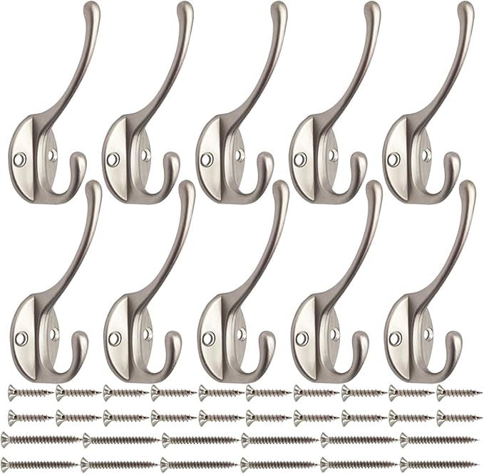 IBosins 10 Pack Heavy Duty Dual Coat Hooks Wall Mounted with 40 Screws Retro Double Hooks Utility Silvery Hooks for Coat, Scarf, Bag, Towel, Key, Cap, Cup, Hat (Silvery)