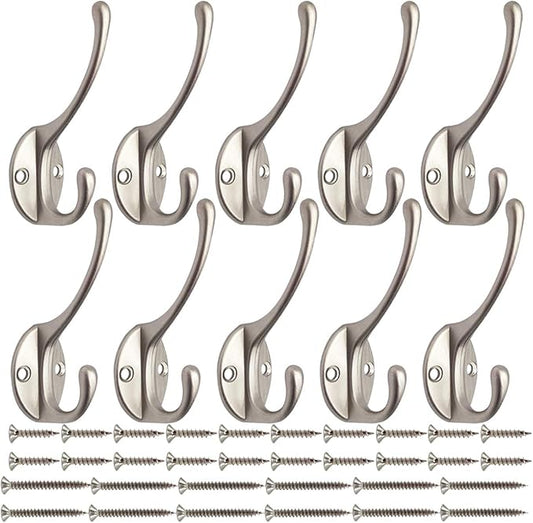 IBosins 10 Pack Heavy Duty Dual Coat Hooks Wall Mounted with 40 Screws Retro Double Hooks Utility Silvery Hooks for Coat, Scarf, Bag, Towel, Key, Cap, Cup, Hat (Silvery)