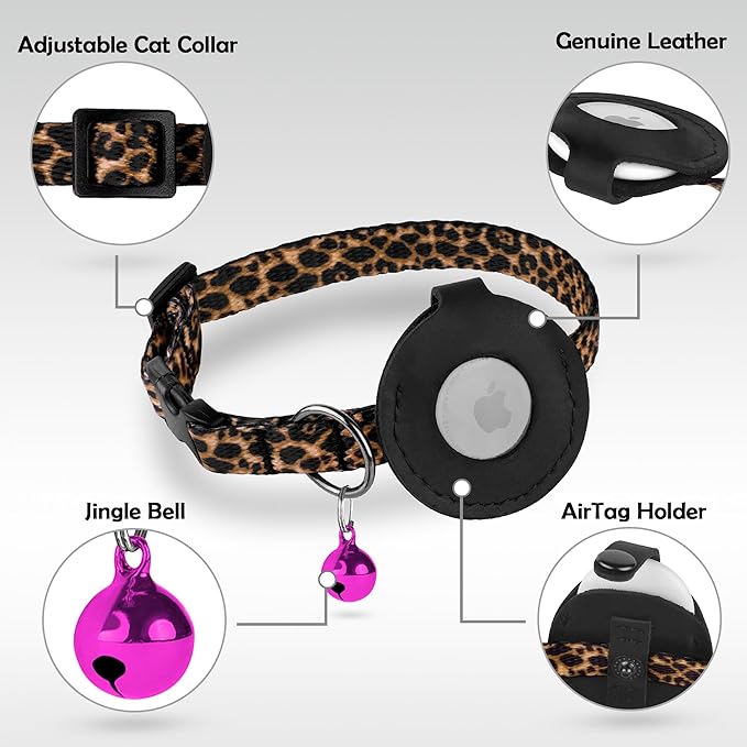 Airtag Cat Collar with Bell - Non Breakaway Soft Pet Collar with Leather Air Tag Holder - Adjustable GPS Anti-Lost Collars for Girl Boy Cats Kitten Puppies, Lightweight and Patterned (Leopard)