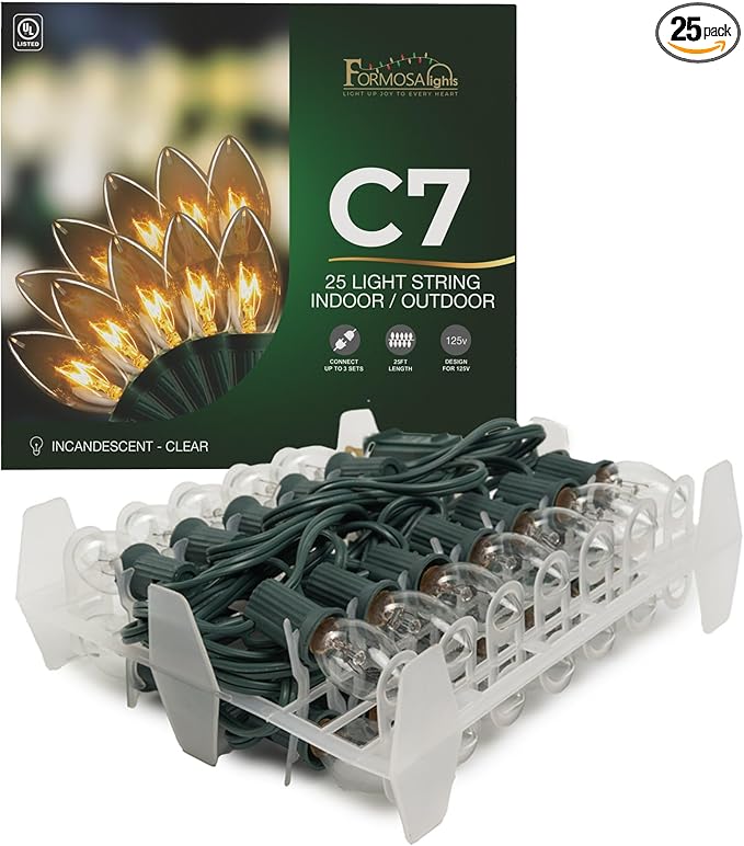 C7 25ft Indoor/Outdoor Clear Incandescent Christmas String Lights/Patio Lights with 25 Bulbs | 120V, 5W