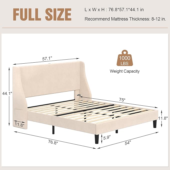 VECELO Full Bed Frame with Upholstered Wingback Headboard, Heavy-Duty Platform Bedframe with Charging Station, Wooden Slats, No Box Spring Needed, Beige