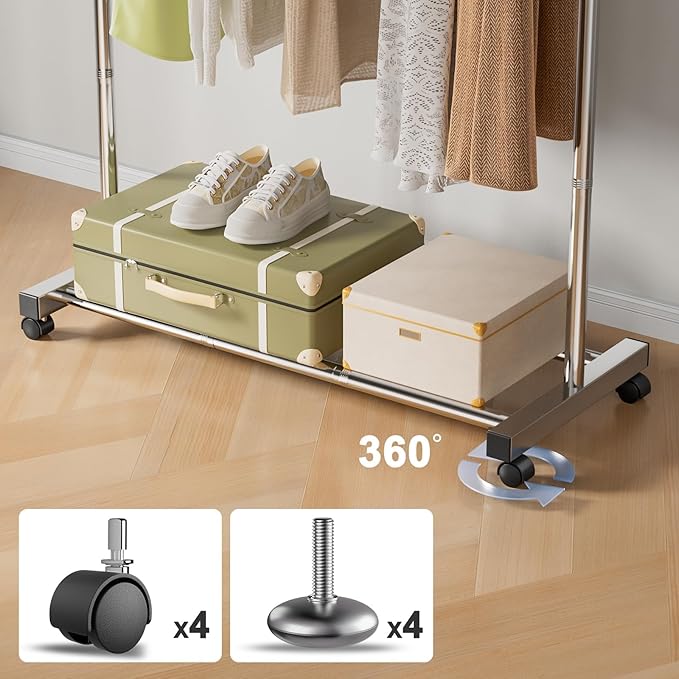 Clothing Rack for Hanging Clothes, Stainless Steels Rolling Clothes Rack, Coat Rack, Garment Rack, Portable Closet Rack, Free Standing Clothes Rack with Wheels, Adjustable Length