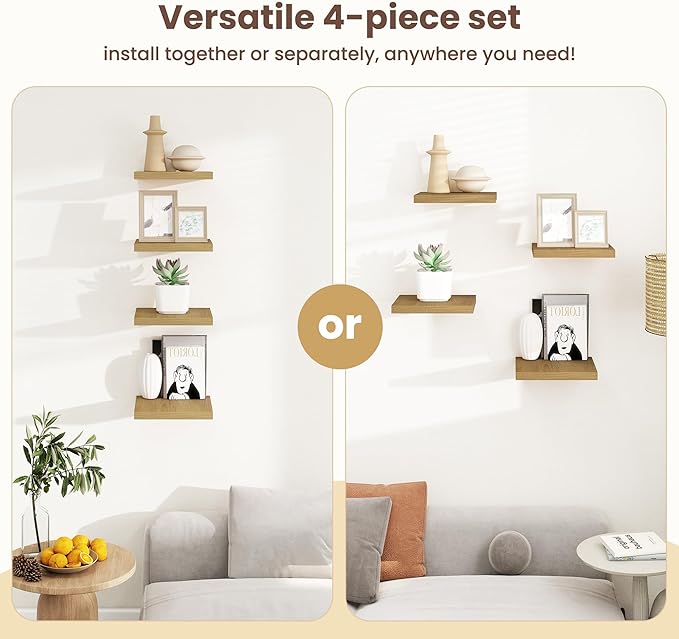 Fun Memories Square Floating Shelves for Wall - 12 Inch Deep Floating Shelves with Invisible Brackets, Oak Small Wall Shelf for Living Room, Bathroom, Bedroom, and Kitchen Decor，Set of 4
