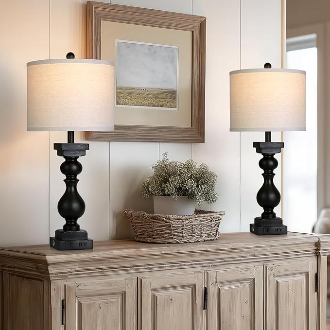 28" Tall Farmhouse Table Lamps Set of 2 with USB C+A Ports and AC Outlet, 3 Way Touch Tall Rustic Bedside Lamps for Living Room, Black Vintage Lamps for Bedroom