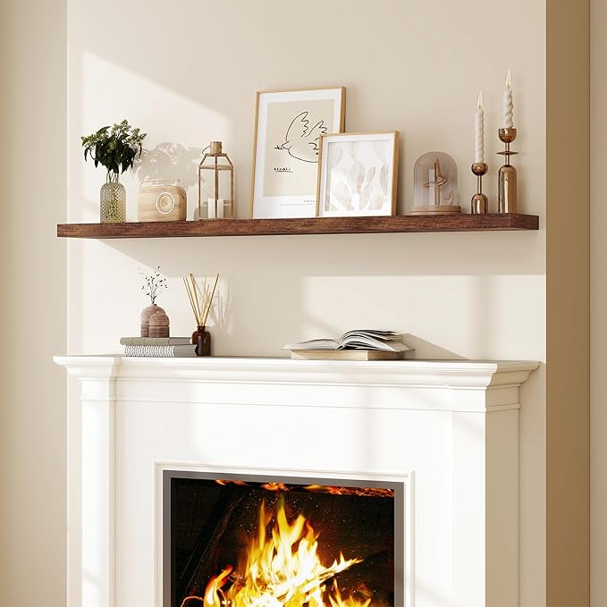 Fun Memories 66 Inch Fireplace Mantel Shelf with Invisible Bracket, 8 Inch Deep Floating Shelf for Living Room, Kitchen, Farmhouse, Brown