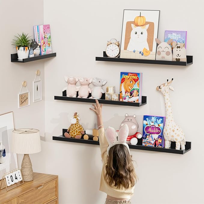 Heimlove Floating Shelves Set of 6, 24" Wall Mounted Picture Ledge, Display Shelf Organizer for Decor Storage, Wall Mounted Shelves for Living Room, Bedroom, Bathroom, Kitchen (Black)