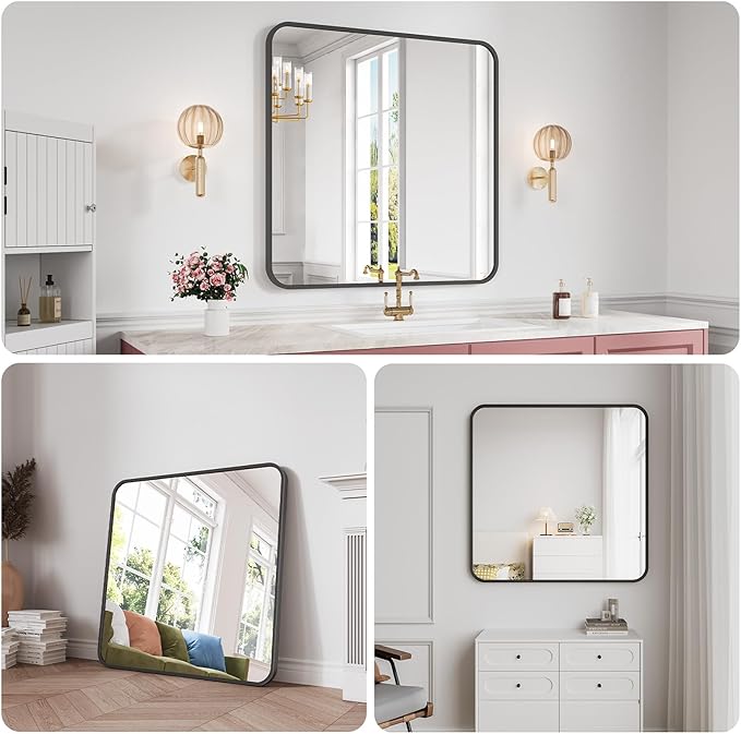 Koonmi Bathroom Mirror, 36X36 Brushed Black Metal Framed Wall-Mounted Mirror for Over Sink, HD Tempered Glass, Anti-Rust, Rounded Rectangle Mirror for Restroom, Bedroom, Hangs Horizontal or Vertical