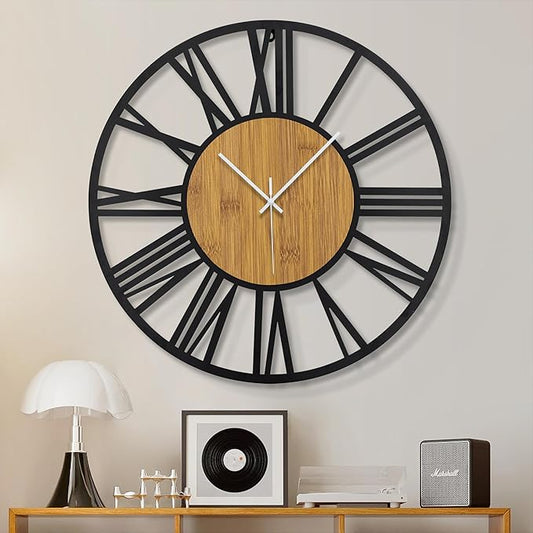 1st owned Wall Clocks for Living Room Decor,20" Vintage,Round Silent Non Ticking,Black Metal,Modern Wood Clocks for Home Bedroom,Kitchen,Garden,Office,Cafe,Modern Wall Decoration -Roman Numerals