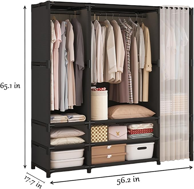 Portable Closet,Portable Closets for Hanging Clothes,Japanese Style Garment Rack with 3 Hanging Rods,9 Storage Shelves,56.2" L x 17.7" W x 65.1" H,Black