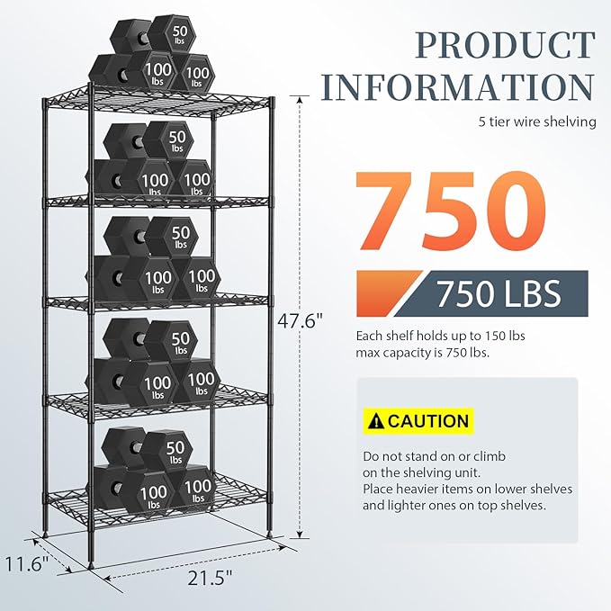 BestOffice 5-Shelf Storage Shelves, Adjustable Shelving Unit Wire Shelving Metal Shelves,11.6" D x 21.5" W x 47.6" H,Black