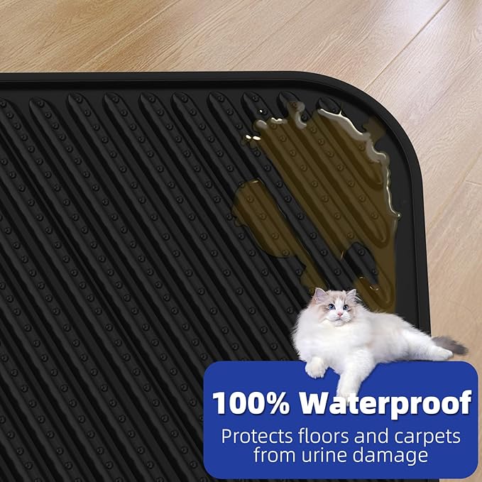 Cat Litter Mat Large, Waterproof Urine Proof Silicone Kitty Litter Mat, Easy Clean Cat Litter Box Mat, Washable Litter Trapping Mat, Scatter Control, Less Waste(Black, 31''X23'')