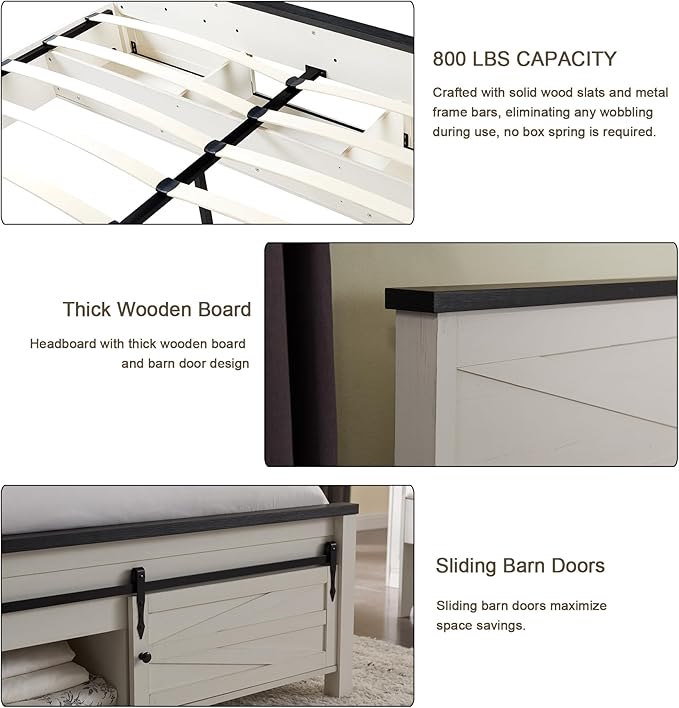 JXQTLINGMU Farmhouse King Size Bed Frame with 47" Tall Headboard, Wood King Bed Frame with Storage Cabinet, Solid Wood Slats Support, Noiseless, No Box Spring Needed (Antique White)