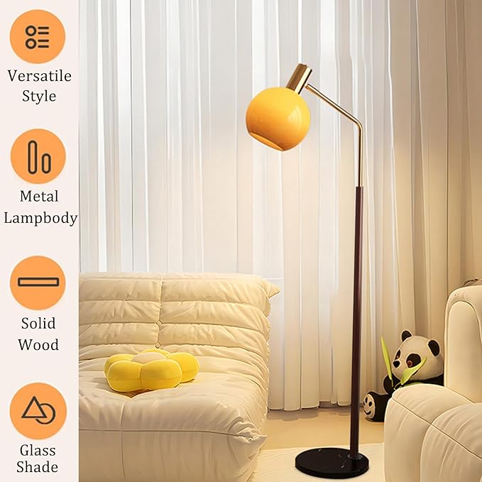 MIXL-Walnut Wood Finish Floor Lamp with Orange Shade,Dimmable Led Glass Standing Lamp,Farmhouse Style Floor Reading Lamps for Living Room Bedroom and Office