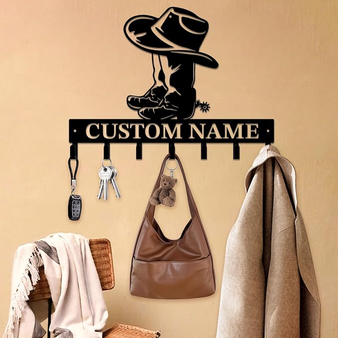 Personalized Custom Name West Cowboy Keys Hooks,Metal Cowboy Art Clothes Keys Hooks,Metal Cowboy Lover Wall Home Storage Decorative Keys Hooks,Key Holder Hooks for Wall (Style I)