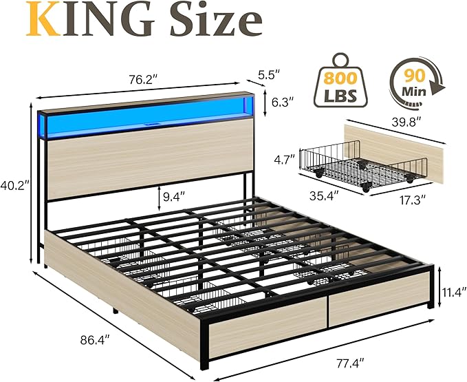Lifezone King Bed Frame with 2-Tier Storage Headboard, Metal Platform Bed Frame with 4 Storage Drawers, Built in Charging Station & LED, Noise-Free/Metal Support/No Box Spring Needed, Beige