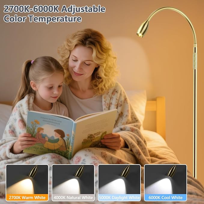 Reading Floor Lamp, 72" Tall LED Lamp with Flexible Gooseneck, Dimmable Zoomable Spotlight, Adjustable Color Beam Standing Lamp, Touch & Remote Control, Task Craft Bedroom Living Room (Antique Brass)