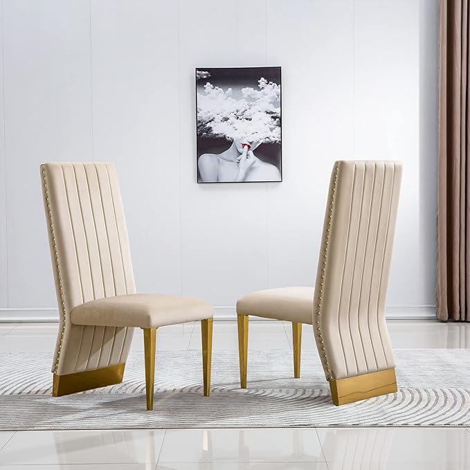 AUZ Dining Chairs with Nail Head Trim, Modern Velvet Upholstered Dining Room Chairs in Lovely Color with Polished Gold Stainless Steel Legs, Set of 8