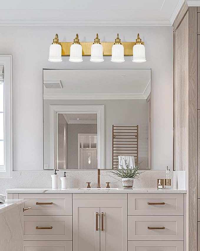 5-Light Bathroom Vanity Light, HWH Brushed Gold Bathroom Lighting Fixtures Modern Vanity Sconce Over Mirror 33'' with Frosted White Bell-Shaped Glass, 5HZG106B-5W BG