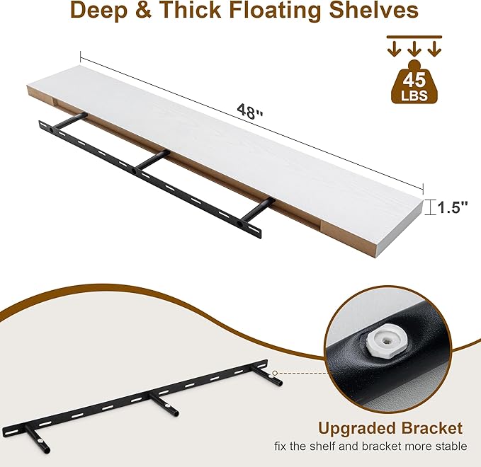 Fun Memories Floating Shelves for Wall, 48Inch Floating Shelves Set of 2, Hanging Shelf with Invisible Brackets, Wood Shelves for Living Room, Bedroom, Kitchen, White