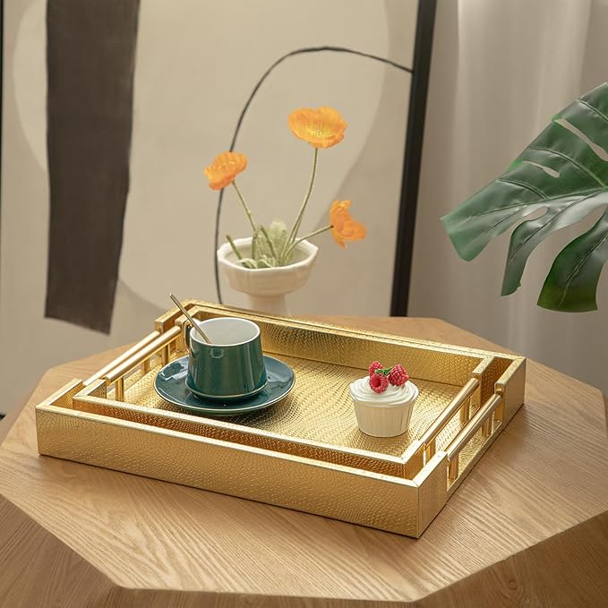 2 Piece Woven Leather Ottoman Tray with Gold Handles, Perfect Rectangular Serving Tray for Living Room, Coffee Table Home Decor Enthusiasts (Golden)