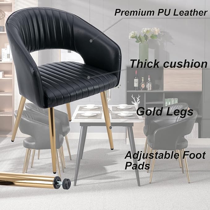 Modern Dining Chairs Set of 8, Upholstered PU Leather Gold Dining Room Chairs with Hollow Back, Accent Armrest Kitchen Chairs with Gold Legs for Living Room Black