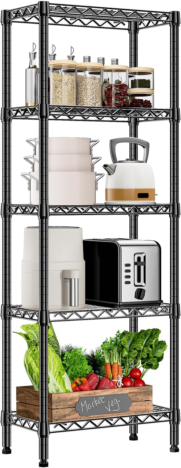450 lbs Storage Shelves 5 Tier Shelving Units for Storage, Steel Organizer Wire Rack, Adjustable Height, Wire Shelving Unit for Bathroom Kitchen Closet, Black 11.8" D x 21.7" W x 58.3" H