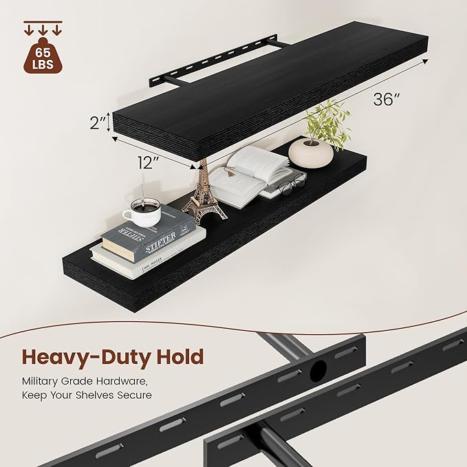 Vivelove 12" Deep Floating Shelves for Wall 36 Inches Long, 2 in Thick Wall Shelves, Shelf for Bedroom, Bathroom, Living Room, Kitchen, Office, Modern Home Decor, 36" X 12" X 2", Set of 2, Black
