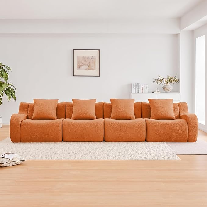Orange 4-Seater Cloud Couch, Modern Teddy Fabric Boneless Sectional Sofa in a Box for Living Room, Modular Floor Couch, Comfortable Deep Seat, No Assembly Required, Sofas para Sala