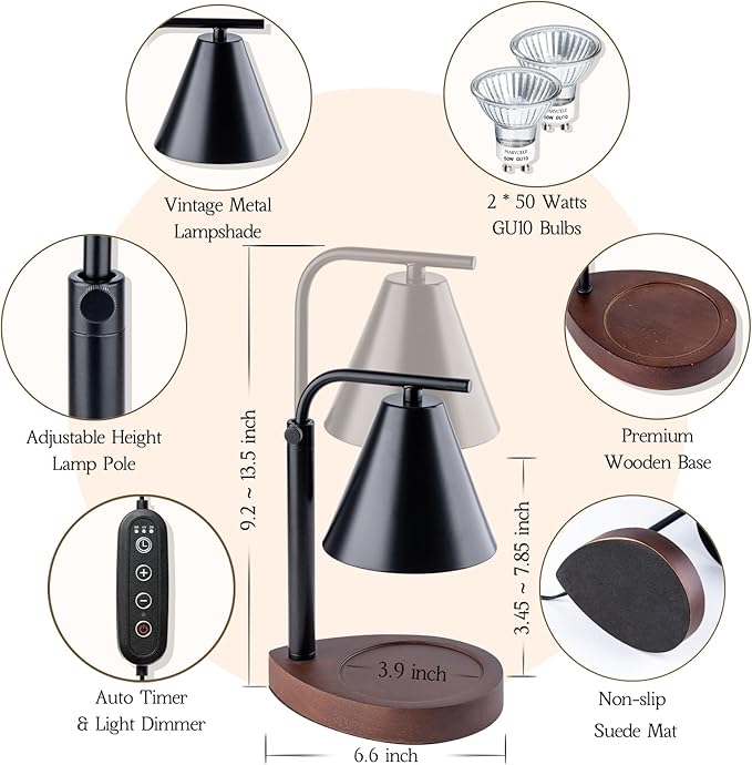 Marycele Black Candle Warmer Lamp with Timer, Height Adjustable Electric Lamp Candle Warmer, Black Home Room Decor Aesthetic, Birthday Gifts for Women Men