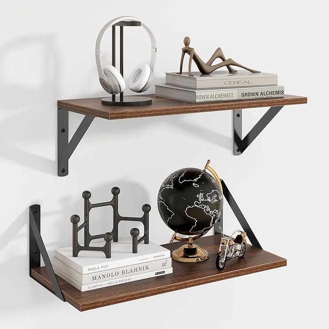 Axeman Floating Shelves | 8 Inch Deep Walnut Wall Shelves Set of 2 | 16W x 8D Rustic Wood Shelves for Bookshelf Living Room Bedroom Home Office Bathroom