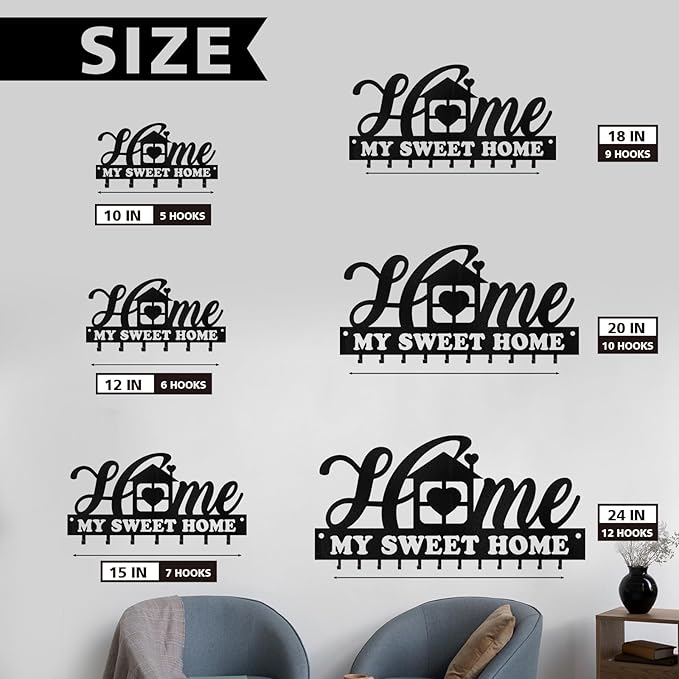 Personalized Sweet Home Key Holder - Black Metal Key Hanger Wall Decorative, Organizer with Hooks, Housewarming Gifts