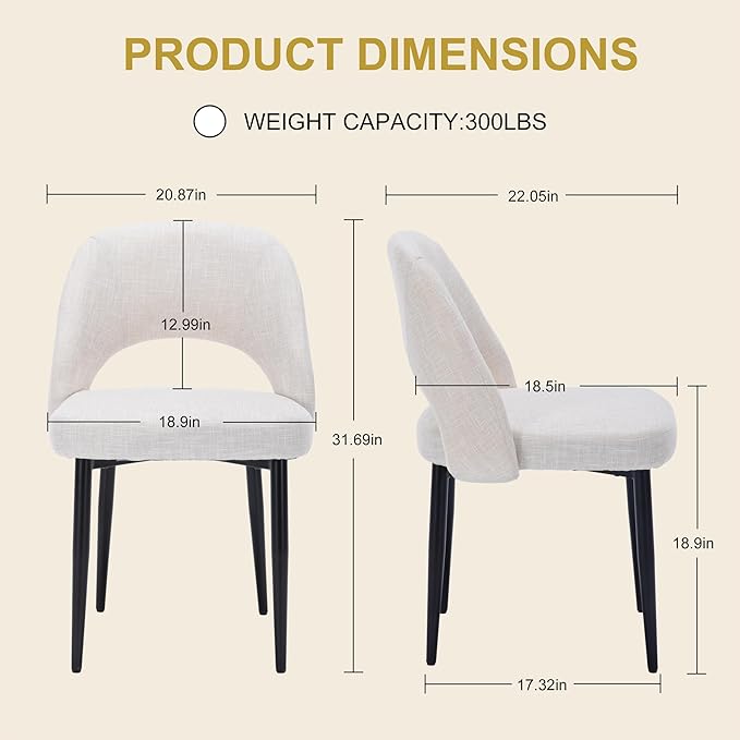 Modern Dining Chairs, Fabric Upholstered Accent Kitchen Chairs with Comfy Padded Seat & Sturdy Metal Legs, Side Farmhouse Chairs for Dining Room, Living Room, Restaurant (Beige, Set of 2)