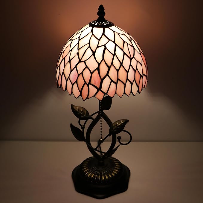 Small Tiffany Lamp Pink Leaf Style Stained Glass Table Lamps Desk Bedside Reading Light 8X8X18 Inches with Bronze Metal Leaf Resin Base