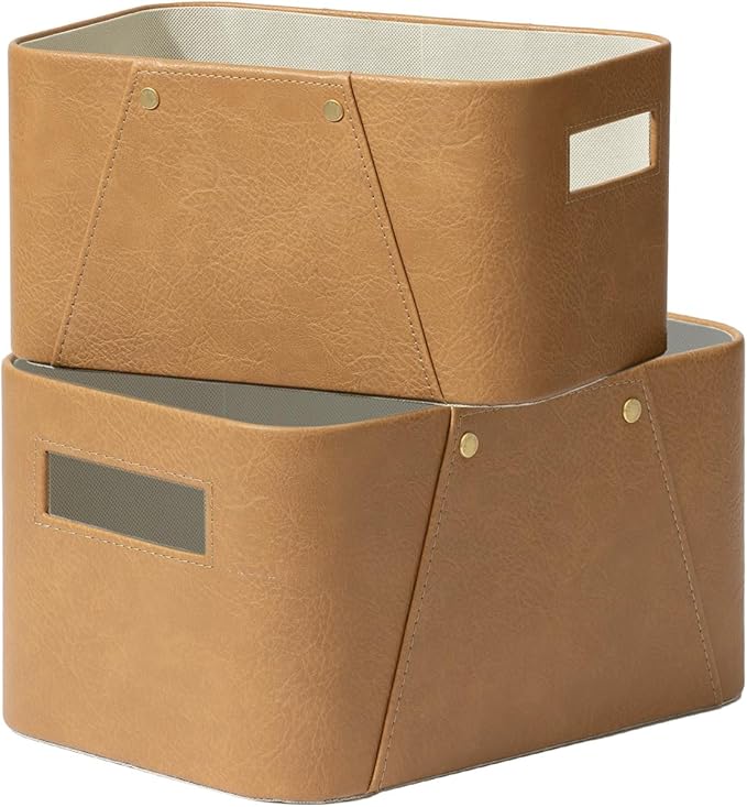 La Jolie Maison Storage Baskets for Organizing, 2 Pack, Storage Cube Boxes Luxury Brown Vegan Leather for Closet Shelf Cabinet Bookcase Camel