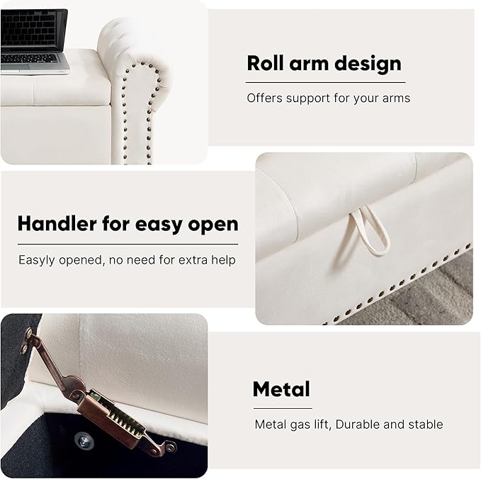 Storage Bench for Bedroom, 51" Upholstered End of Bed Bench, Velvet Queen Size Benches with Rolled Arms, Tufted Button Storage Long Ottoman, Living Room, Entryway, Beige