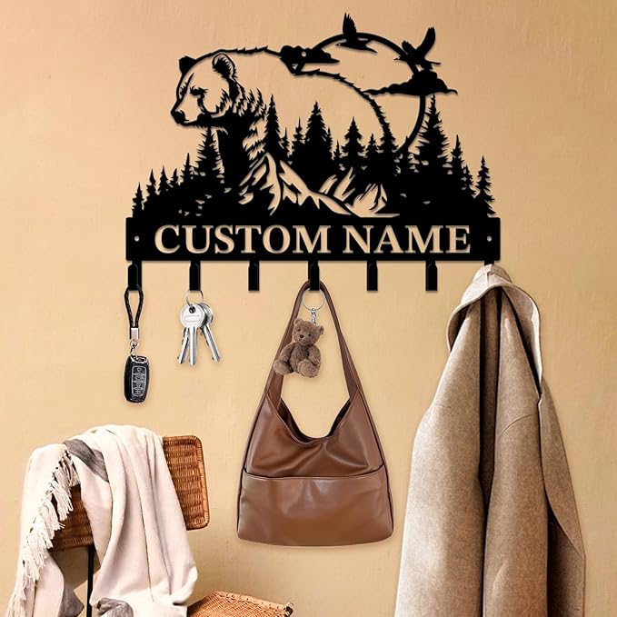 Personalized Custom Name Bear Key Wall Hooks,Metal Bear Keys Clothes Hooks,Metal Bear Wall Home Storage Decorative,For Front Door, Hallway, Kitchen, Bedroom,Keys,Hats (Style N)