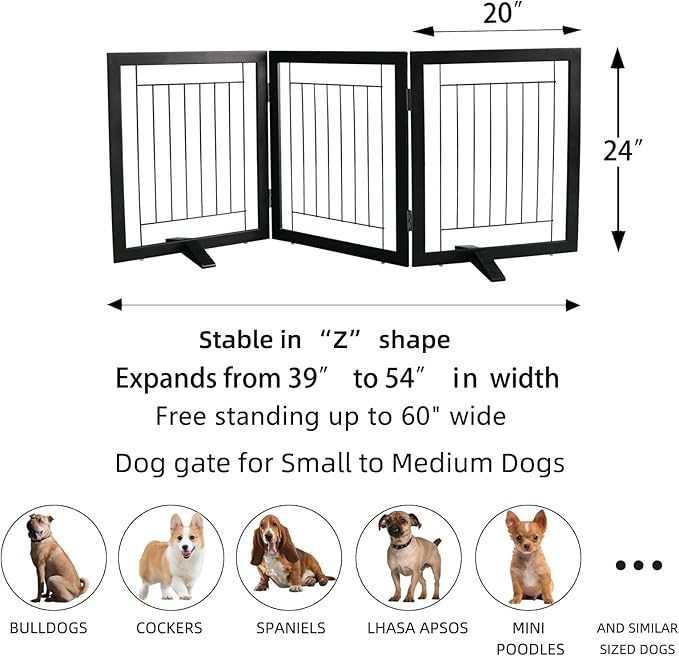 ZJSF Freestanding Dog Gate Indoor, Foldable Dog Fence for Doorways,Hallways or Stairs, Sturdy Wood Extra Wide Pet Gate with Support Feet,Black,24 "Height-3 Panels