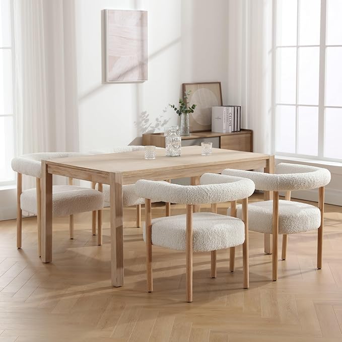 Mid-Century Modern Dining Chairs Set of 4, Armrest Barrel Dining Chairs Side Accent Chairs with Curved Back, Upholstered Wood Armchairs for Kitchen, Sherpa White