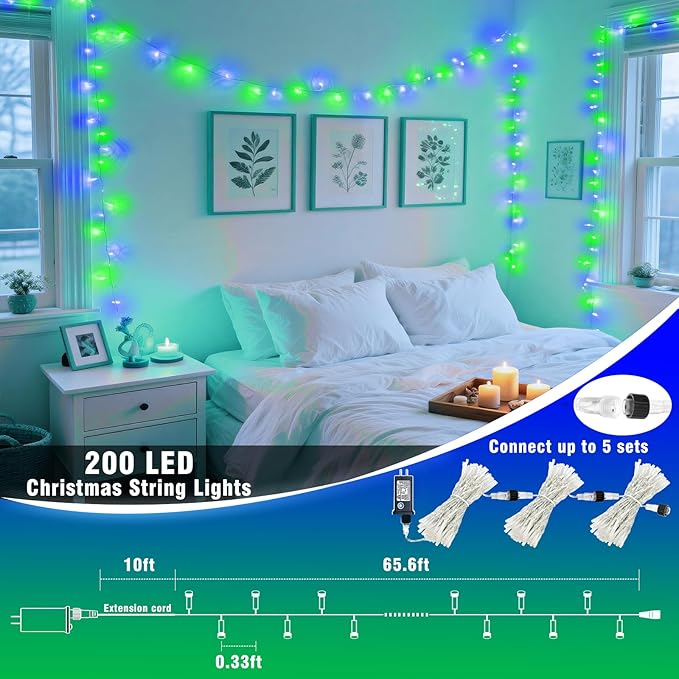 200 LED Christmas Lights Outdoor 66FT Connectable String Lights Indoor 8 Modes Clear Wire Plug in Waterproof Twinkle Fairy Lights for Bedroom Christmas Tree Party Decorations, Blue&Green