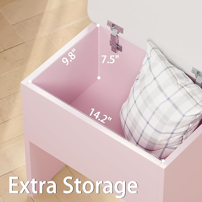 LIKIMIO Small Makeup Vanity Desk with Mirror and Lights, Vanity Table Set with Storage Drawer, Chair and Three Shelves, Bedroom, Pink