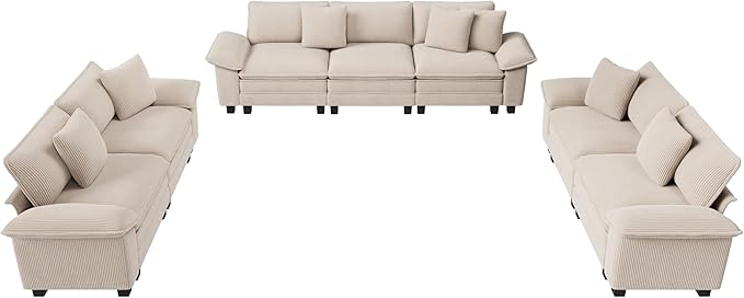 PHI VILLA Cloud Modular Couches Sets, 3 Pieces Large Sectional Sofa Set with Loveseats, 7-Seater Upholstered Couch for Living Room, Corduroy, Beige
