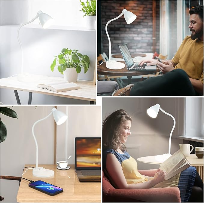 BOHON LED Desk Lamp with USB Charging Port, 3 Color Modes Dimmable Reading Lamp, Auto Dimming Task Lamp, Flexible Neck Table Light for Dorm Bedside, Adapter Include, White