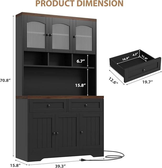 Garvee 71" Pantry Cabinet with Charging Station, Tall Kitchen Pantry Storage Cabinet with Microwave Stand, Farmhouse Kitchen Hutch with Storage Drawers for Living Room, Dining Room, Black