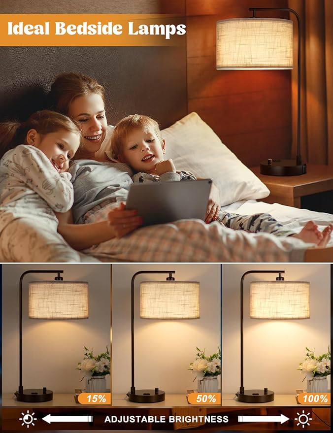 Innqoo Gray Tall Table Lamp with USB Port and Outlet, Dimmable Nightstand Bedside Lamps with Linen Lampshade, Desk Lamp for Bedroom, Living Room, Guest Room, Home Office, LED Bulb Included
