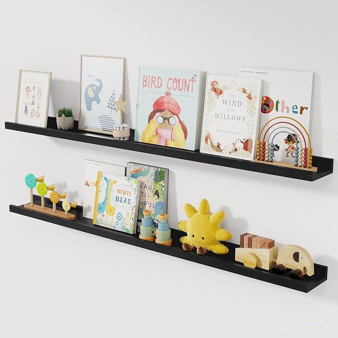 Solid Ash Wood Floating Shelves, Wood Picture Ledge Shelf Set of 2, 48 Inch Long Large Photo Ledge Shelves, Nursery Book Shelves Wall Mounted for Living Room Kids' Bedroom Decor, Black