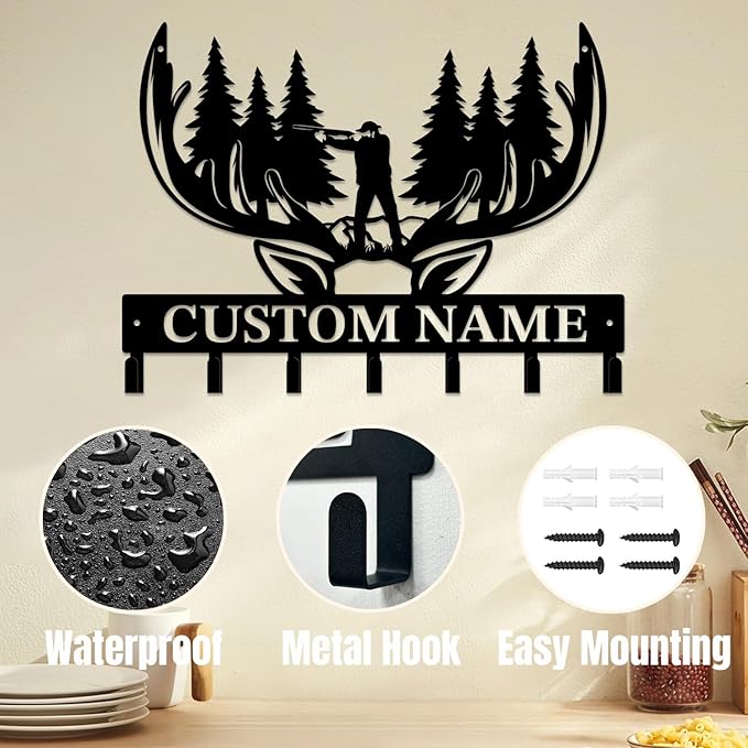 Personalized Custom Name Hunting Deer Wall Key Hooks,Metal Hunting Art Clothes Hooks,Metal Hunting Wall Home Storage Decorative,Hunter For Front Door, Hallway, Kitchen, Bedroom,Keys,Hats (Style L)
