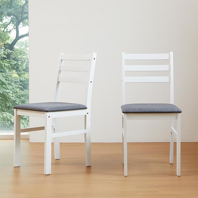 Livinia Seattle Modern Farmhouse Kitchen Dining Room Chair Set of 2, Solid Wood Fabric Upholstered Cushion Seat Wood Ladder Back Chairs (White)