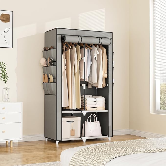 VTRIN Portable Closet Wardrobe for Hanging Clothes with 4 Storage Shelves, 2 Hanging Rods and 6 Pockets, Stable and Easy Assembly Clothes Rack with Cover Free Standing Closet for Bedroom, Grey