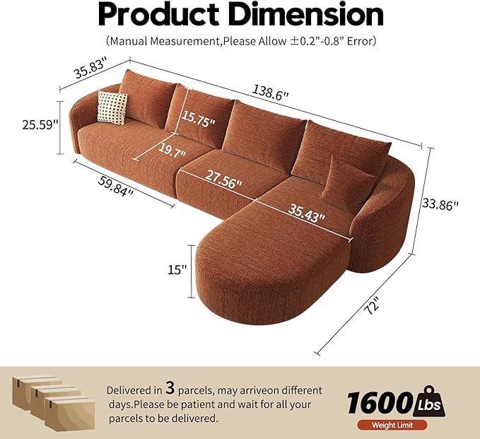 138.6" Modular Sectional Couches Luxury Modern Curved Back Sofa,Minimalist Comfy L-Shape Boneless Cloud Couch for Living Room Apartment,(Right Facing Chaise,Orange)